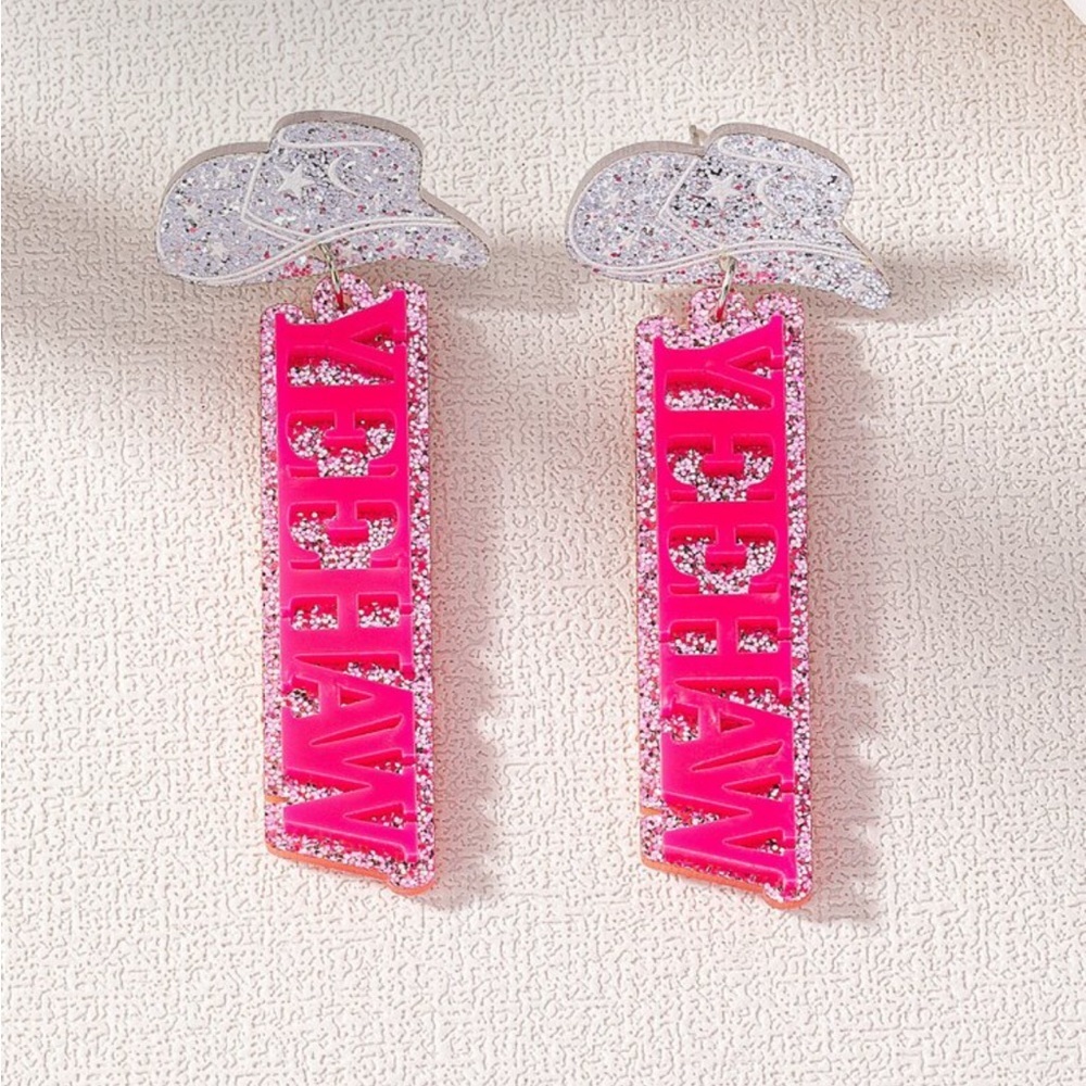 Pink and Silver Glitter 'Yeehaw' Earrings
